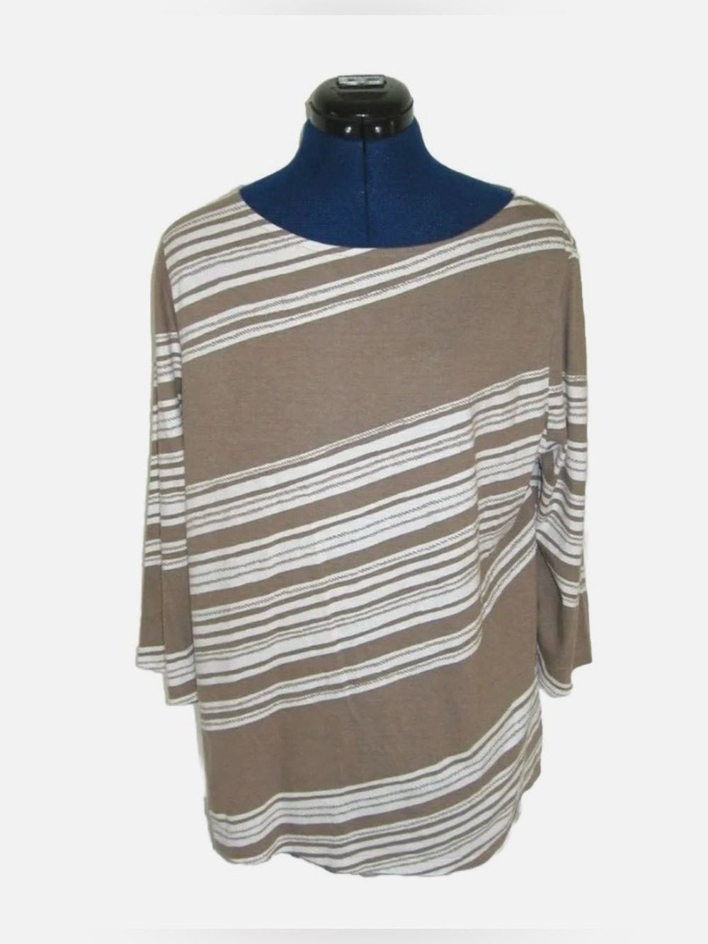 Chico's Spellbound Brown White Stripe Boat Neck Top 3/4 Sleeve Women's Sz 1 Med